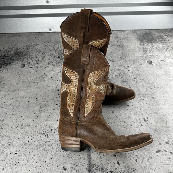 Frye Daisy Duke Python Studded Western Boots Cowgirl Shoes Womens Size 7M Brown